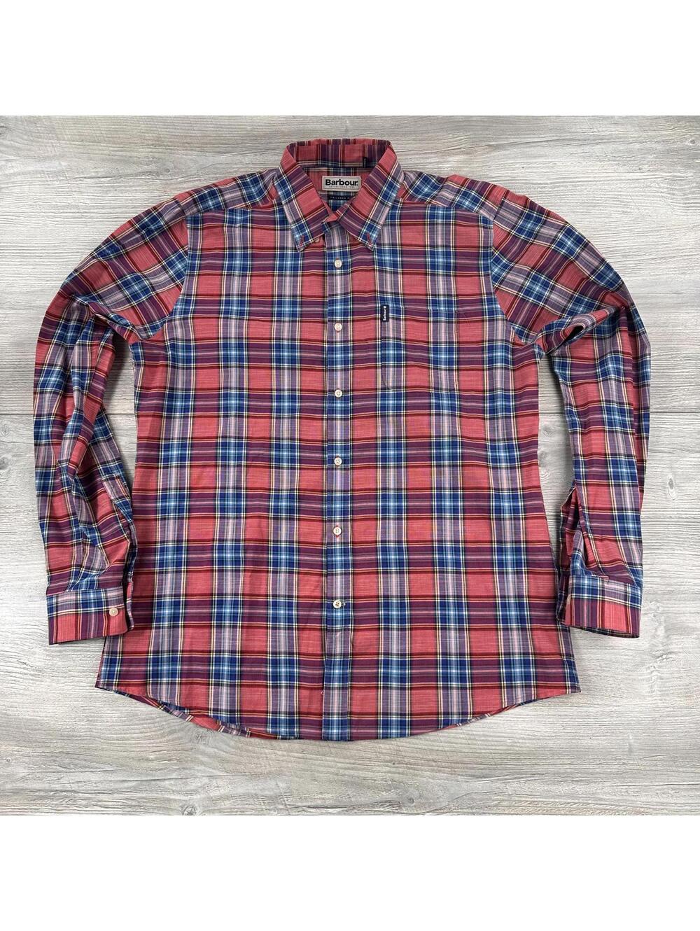 Barbour Dress Shirt Men Medium Red Blue Highland Check Chambray Tailored Fit EUC